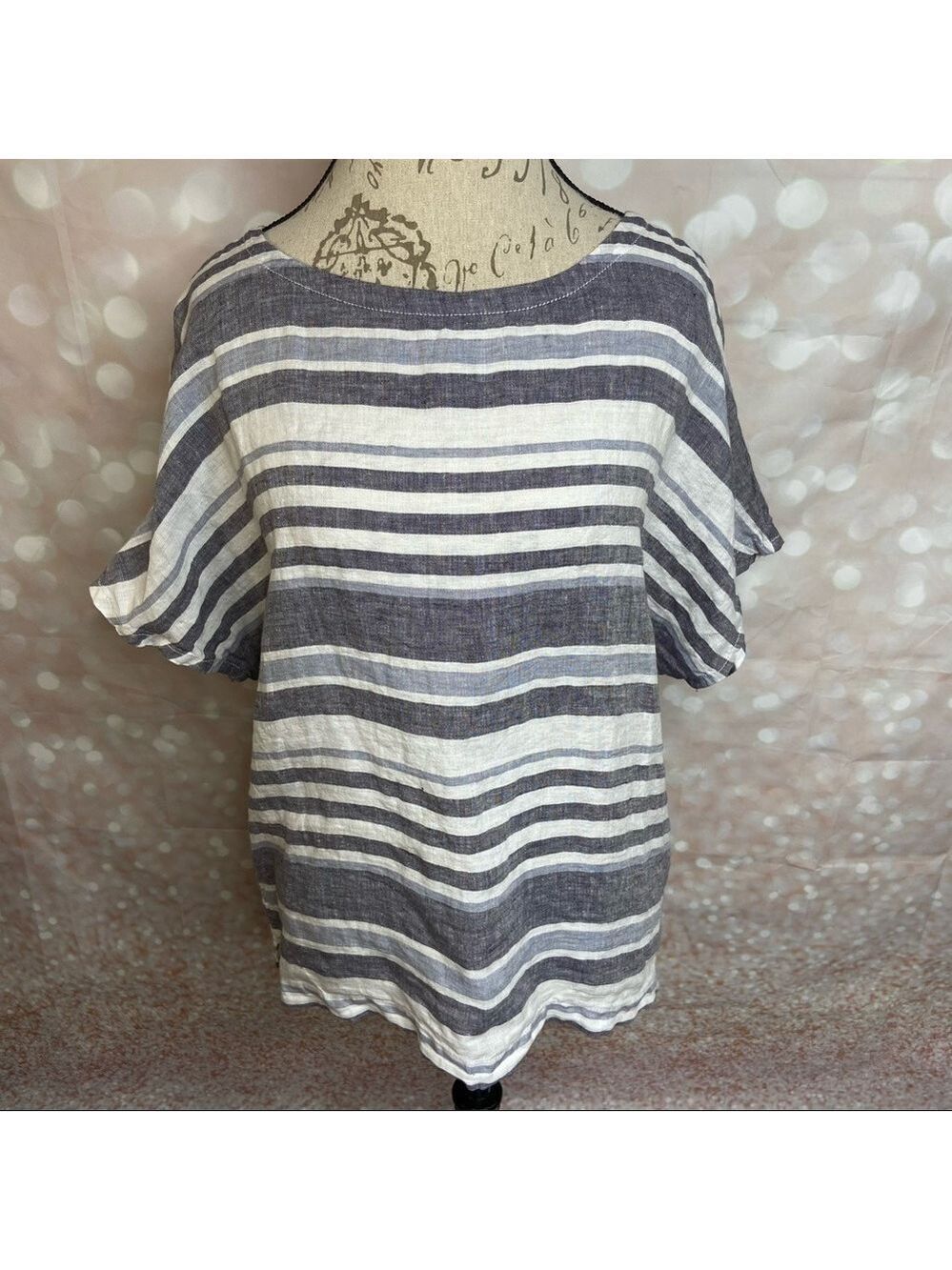 Artisan NY Striped Linen Top Blue Gray White XL